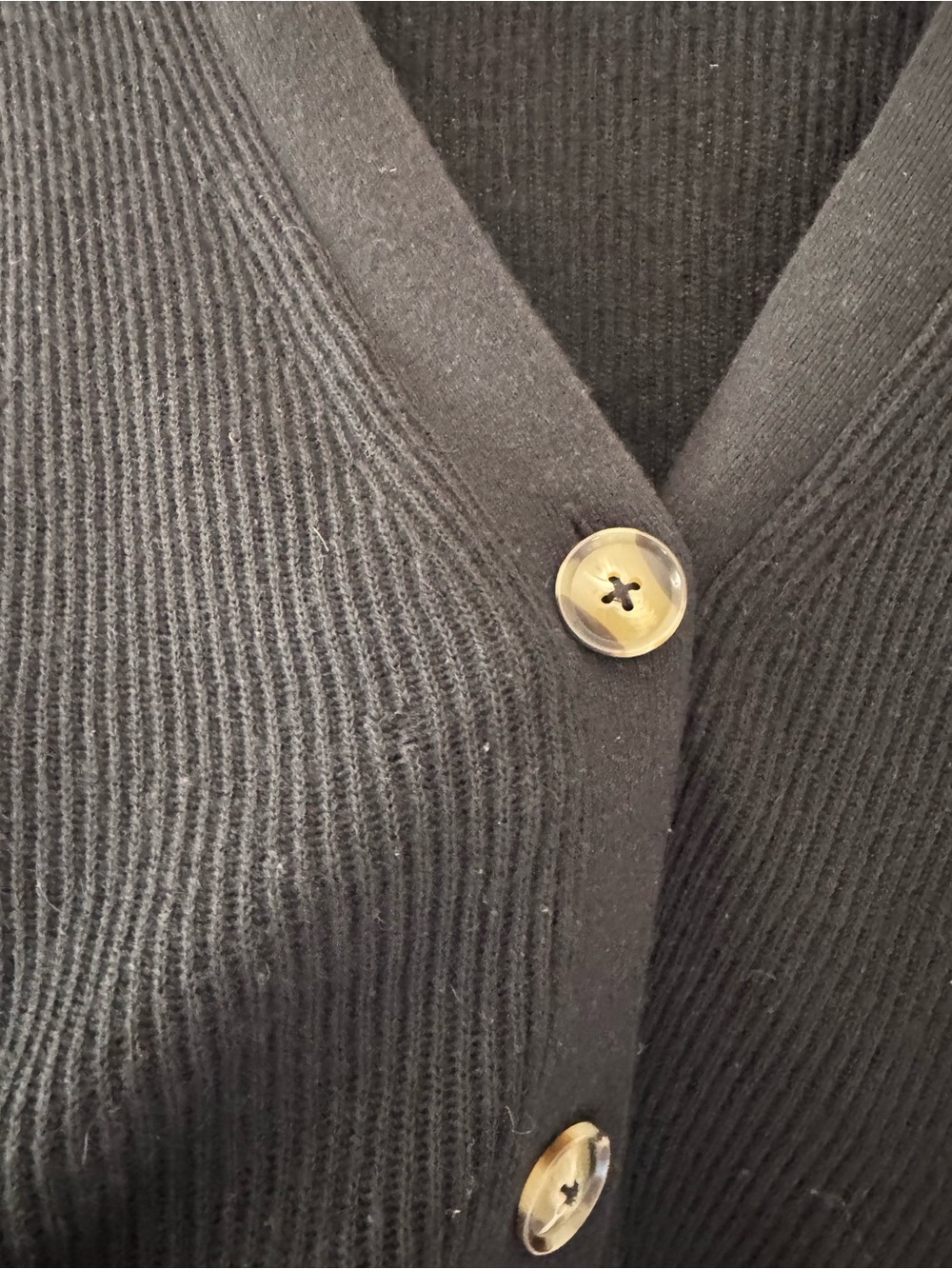 Quince Baby Alpaca Black Ribbed V-Neck Button-Front Cardigan. Layering - Picture 4 of 7